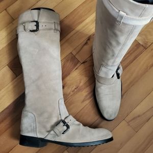 Tod's Dandy Stivale Fibbia Cream/Tan Suede Knee Boots, EU 40.5